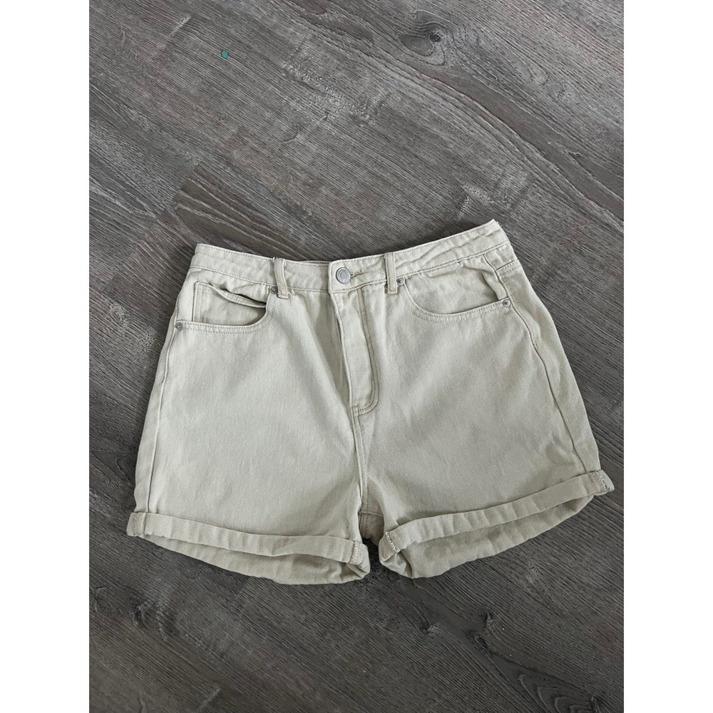 The Rockn Rev Cream Denim High Waisted Rolled Hem Shorts neutral women's Size 10